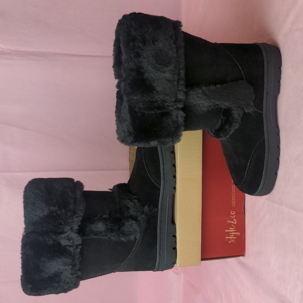 Style & Co Genuine Suede Fluffy Black Witty Black Boots size 5